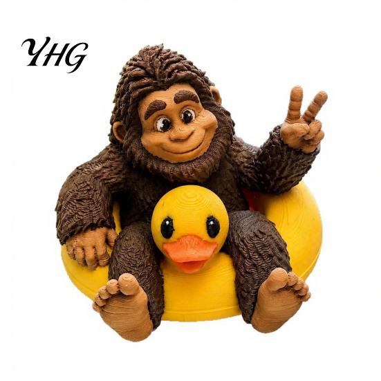 Playful Tabletop Accent Sasquatch And Duck Figurine, on Swimming Ring Statue, Humorous Home Space Decor Funny Animal Statue for Shelf Decorative