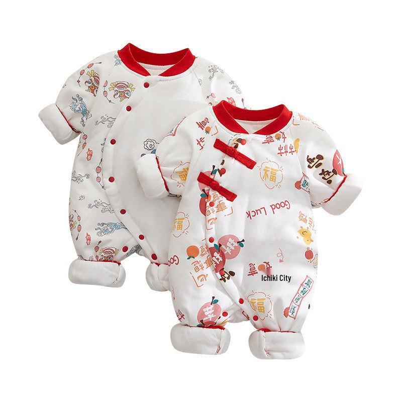 Czerwony bawełniany pajacyk dla niemowląt na Chiński Nowy Rok – Ciepły zimowy kombinezon do raczkowania dla noworodków