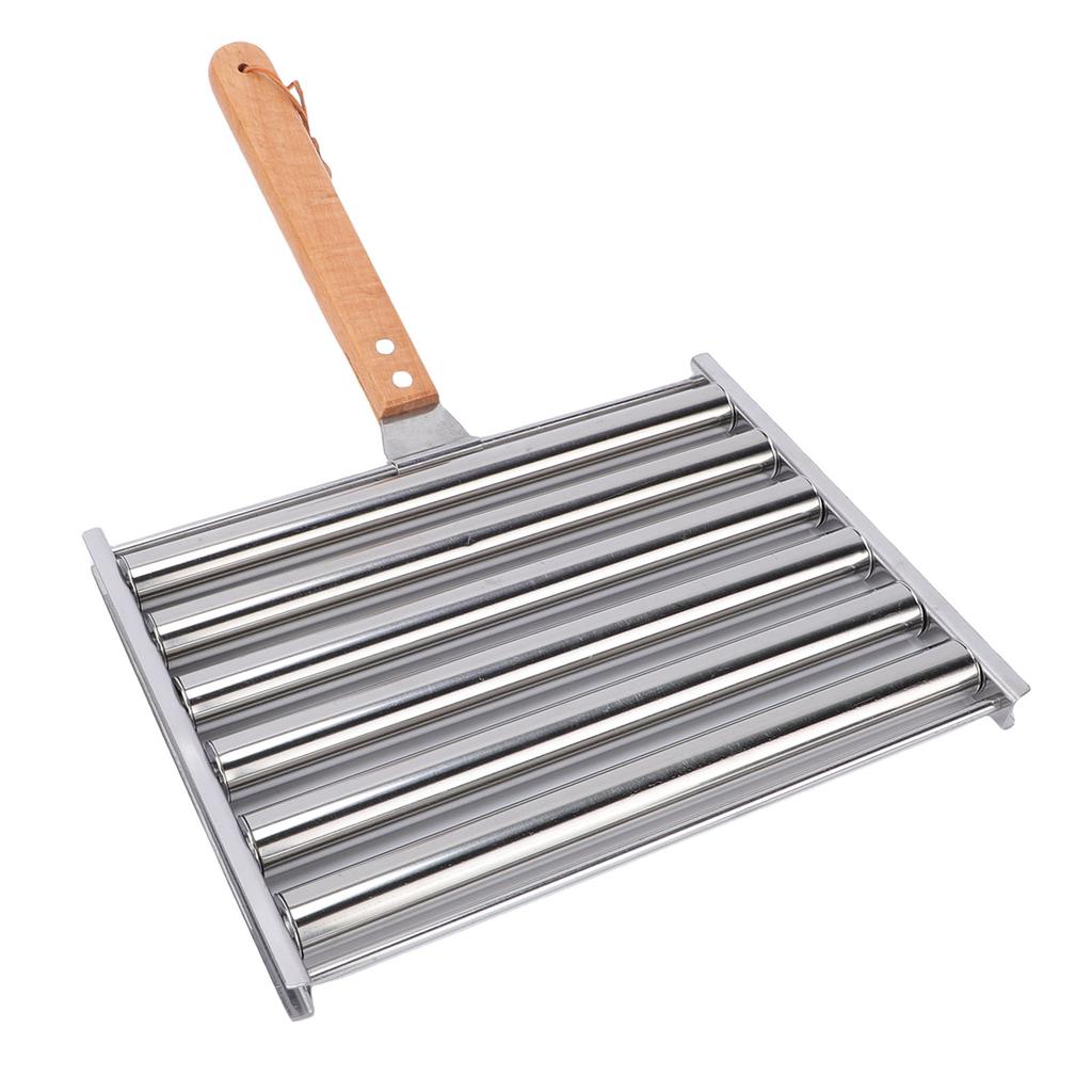 Hot-Dog-Rolle Wurstständer mit Holzgriff Edelstahl BBQ Hot-Dog-Griller für gleichmäßig gegarte Würstchen 5 Kapazität