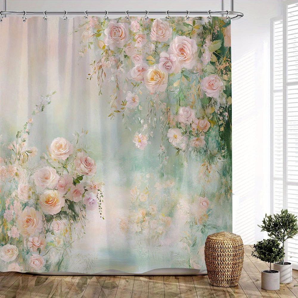 1pc Watercolor Peonies Bathtub Curtain - Pink & White Blooms with Green Foliage, Soft Gradient Design, 12 Hooks Included