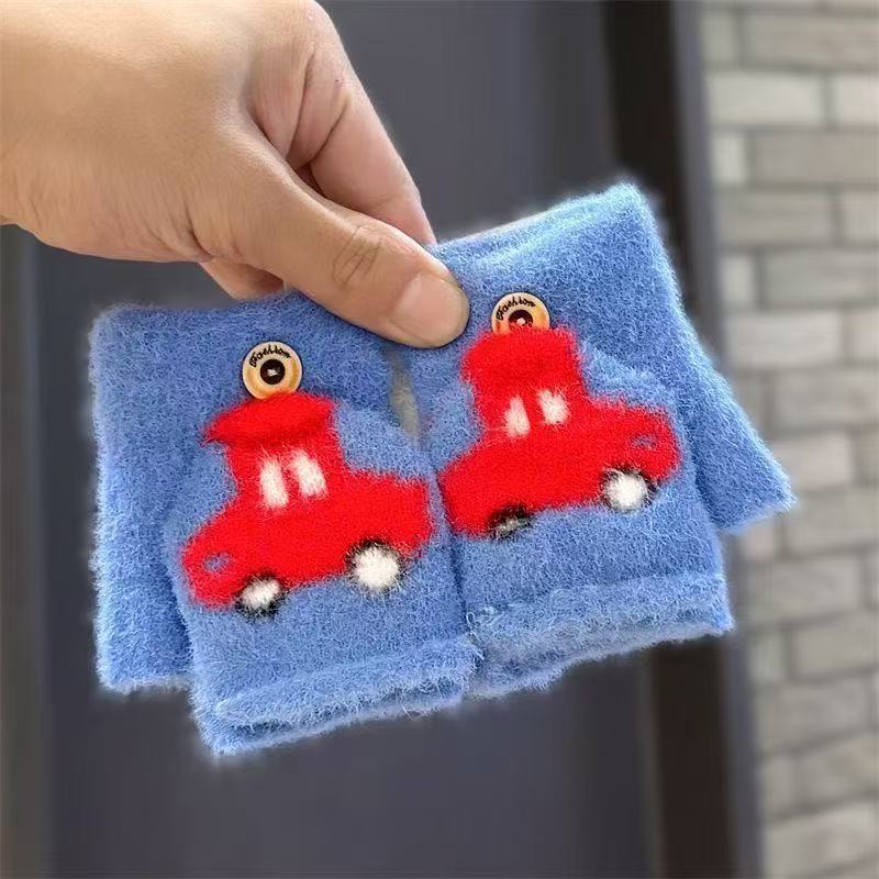 2025 New Children's Gloves Autumn and Winter Flip Baby Cute Cartoon Car Finger Gloves Students Cold
