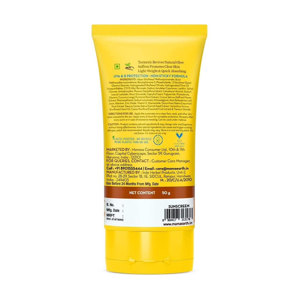 Mamaearth Ubtan Detan Sunscreen SPF 50 PA++++ Non-Greasy Tan Protection for Bright Glowing Skin 50g Lightweight No White Cast