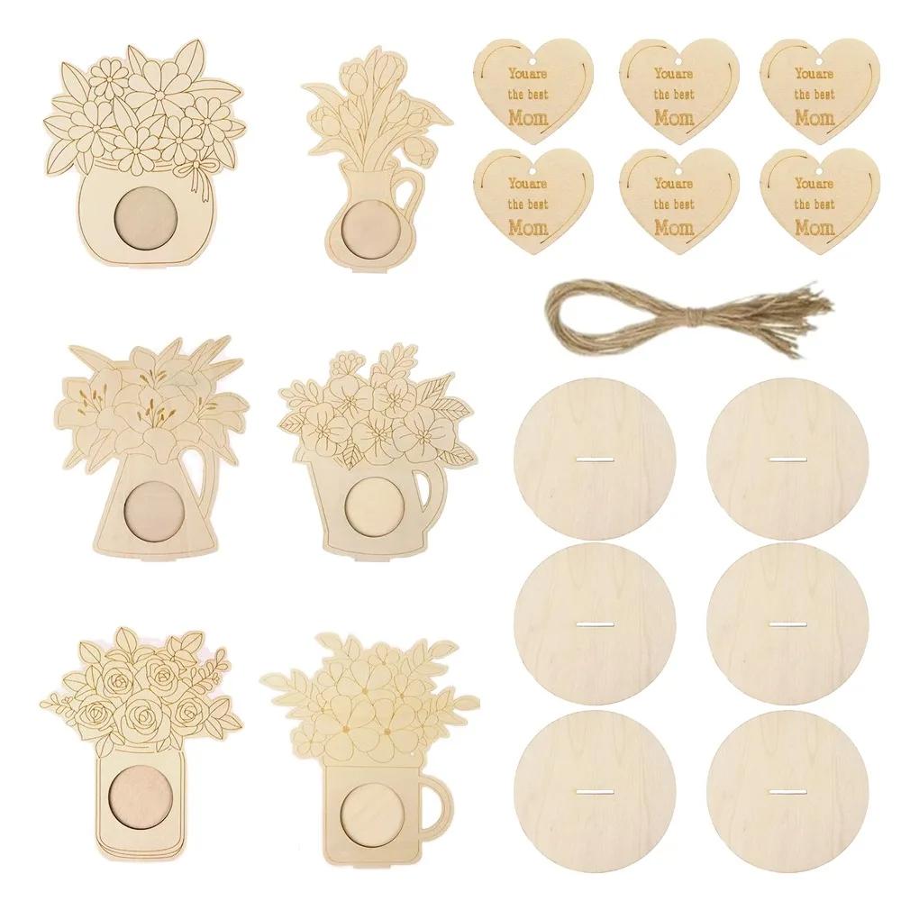 DIY Wooden Flower Ornament Funny Creative Flower Painting Crafts Decoration Wooden Rose Tulip Chips Gifts Supplies