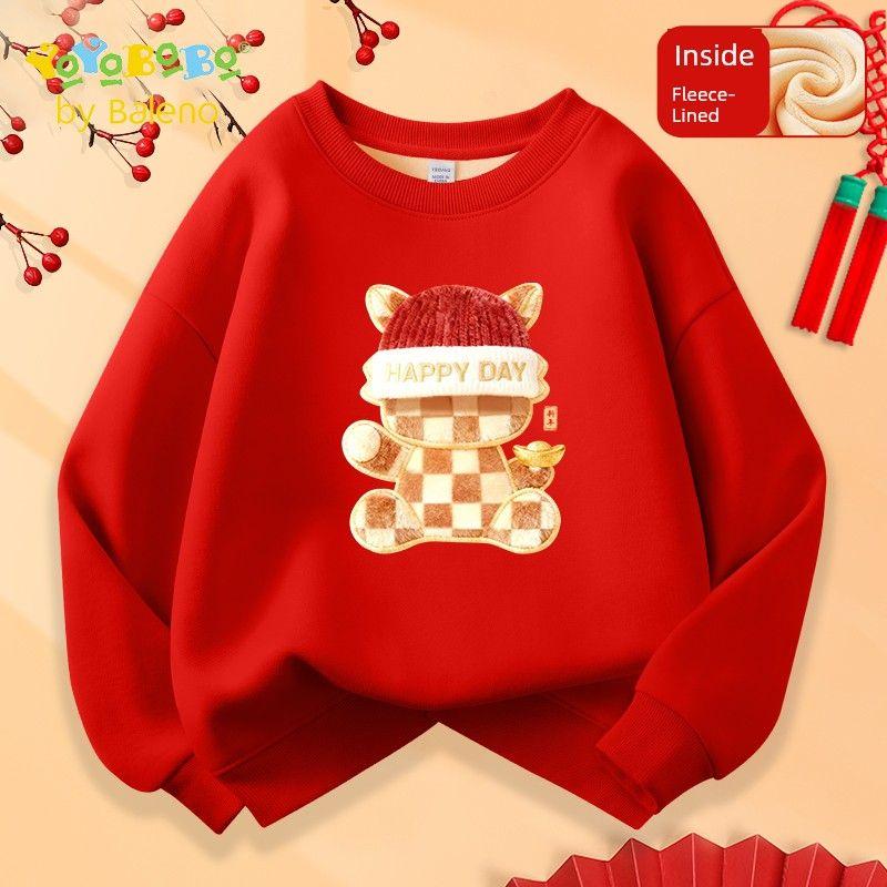 Boys  Sweatshirt with Fleece, Children s Red Warm Top, New Year s Outfit for Boys in the Year of the Horse, Zodiac Year, New Year s Greeting Outfit Red#Yb Red Hat Horse 130 cm