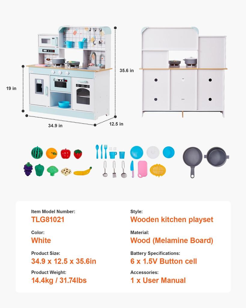 Kitchen Playset Kids Pretend Cooking Play Toy 24 Piece Accessories White