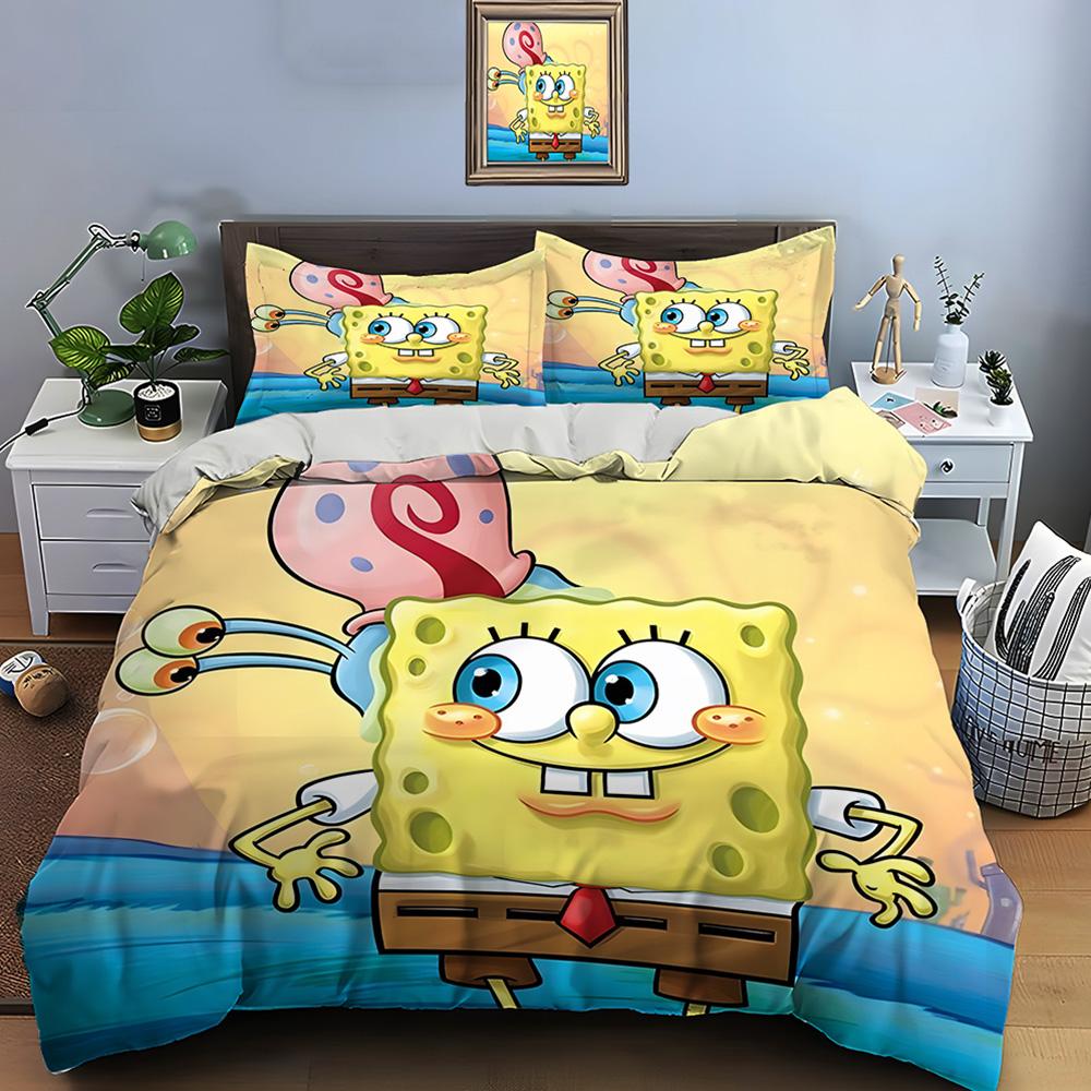 Multiple Sizes Spongebob Cartoon Print Bedding Set 1 Duvet Cover 2 Pillowcases Adult And Kids Bedding Set Luxury Gifts