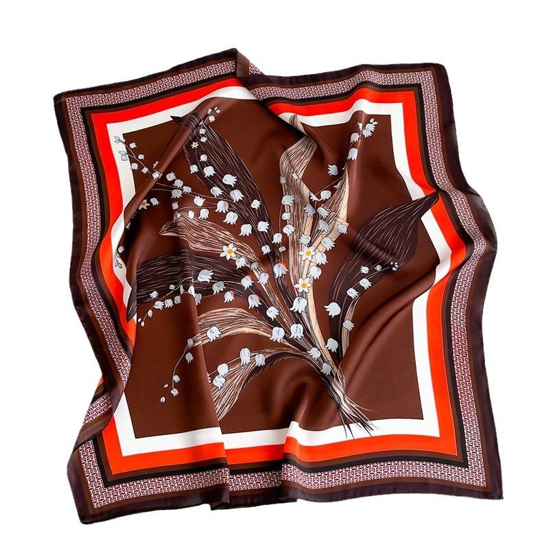 Summer New Flower Printing Scarf Simulation Silk 71cm Small Square Scarf Simple and Versatile Sun Protection Professional Scarf Women