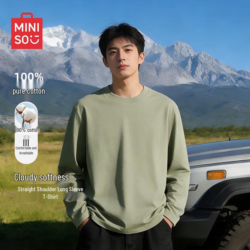 MINISO Men's Pure Cotton Loose Fit Long Sleeve T-Shirt