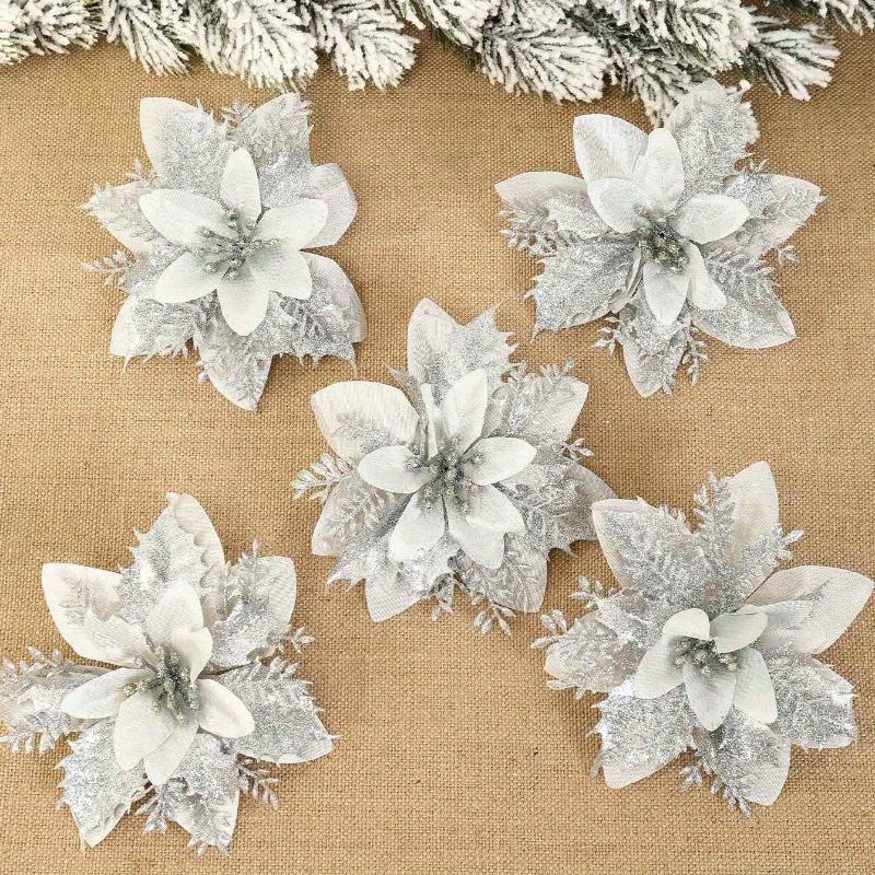 Poinsettia Artificial Christmas Glitter Flowers, Christmas Ornaments Xmas Tree Flower Decorations with Stems DIY Xmas Wreath Holiday Home Party Decor