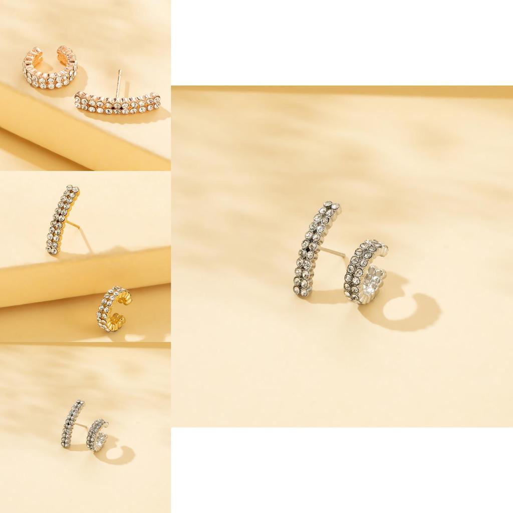 Trendy Asymmetric Double Row Rhinestone Earrings Set For Women Summer 2022