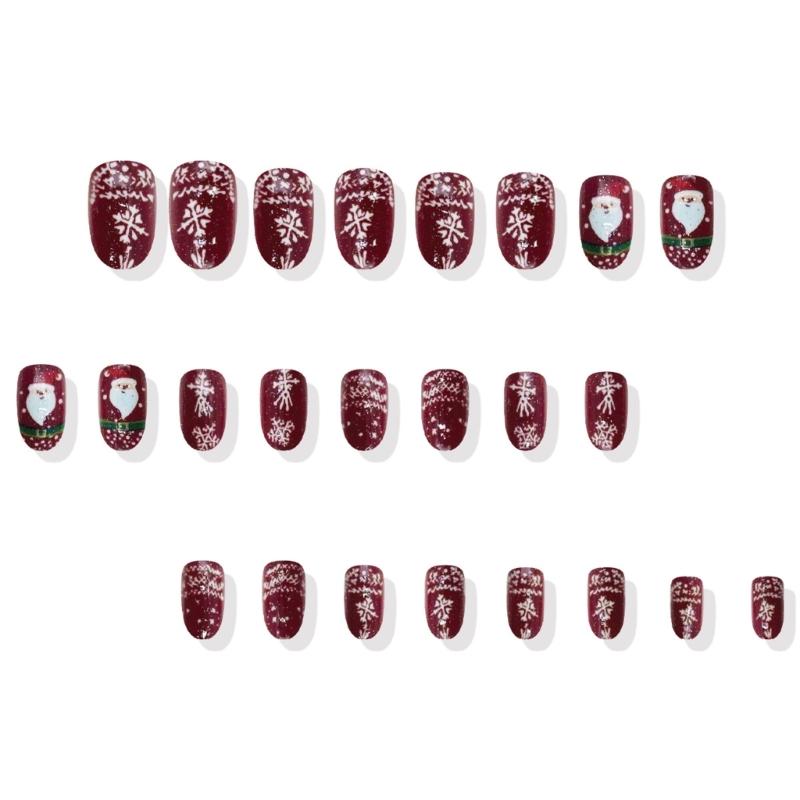 24 Stück rote, glitzernde, kurze, ovale künstliche Fingernägel mit Schneeflocken-Weihnachtsmann-Motiv, 3D-Drucknagel zum Aufkleben für die Weihnachtsfeier
