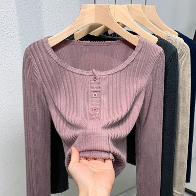 Dünnes Langarm-T-Shirt mit U-Ausschnitt für Damen, Neu Frühling und Herbst, Damen Schulter vorne Innenliegendes Unterhemd, Strickoberteil
