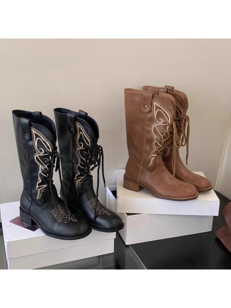 Fashion New Stylish and Versatile Lace-up Round-toed, Thick-heeled, Comfortable One-foot High Boots for Autumn and Winter 2025
