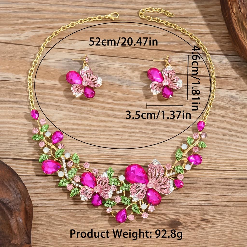 Elegantní květinová zirkonová sada s kamínky pro ženy - 3 ks náhrdelník a visací náušnice, na párty a pro každodenní nošení, perfektní dárek na rande/pro nevěstu