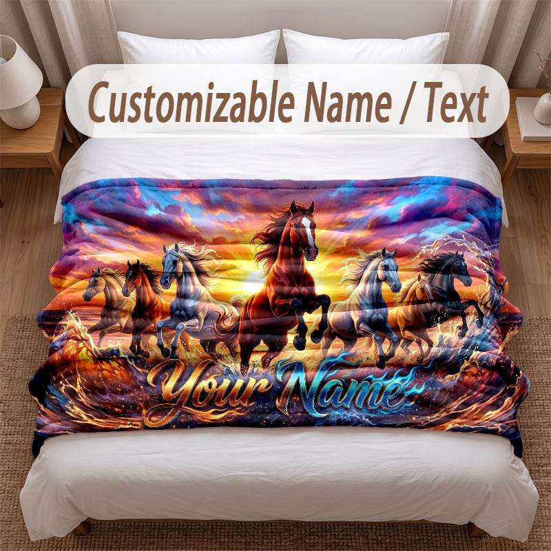 Horse Theme Soft Blanket Personalized Custom Name Text Print Warm Blanket Home Sofa Bedroom Decor