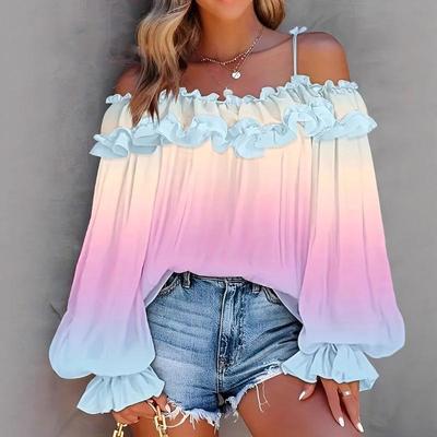 New One-shoulder Long-sleeved Puffed-sleeve Gradient Color-blocking Top