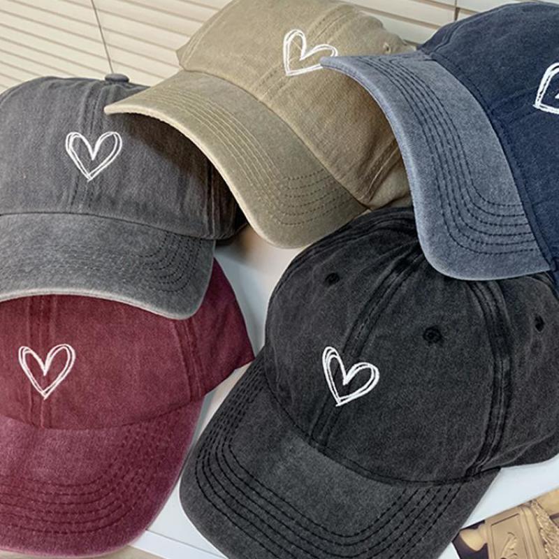 Washed Baseball Cap Women Dad Hat Vintage Embroidery Love Heart Sweet Soft Top Adjustable Sunshade Casual Sun Hat Outdoor Caps