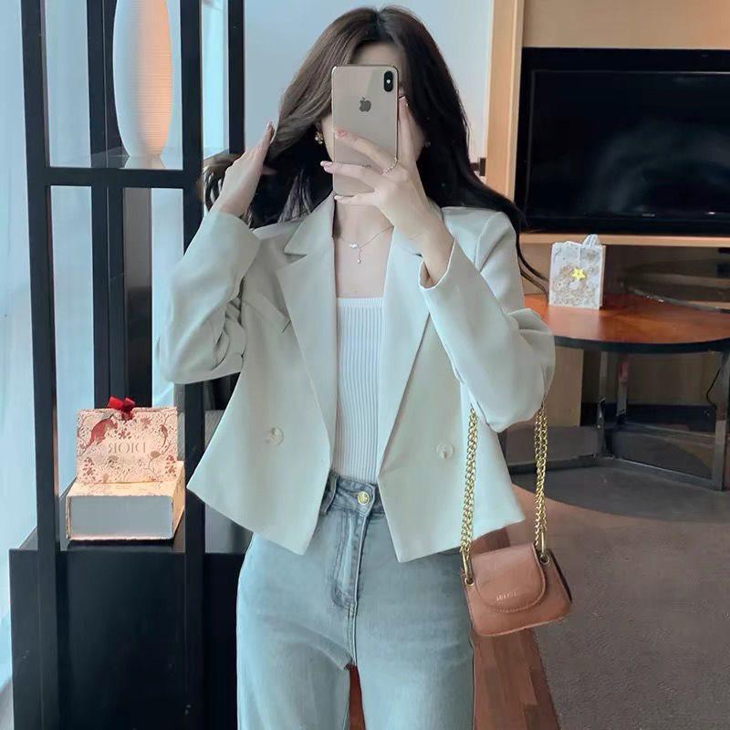 Spring 2025 Women s French Style Cropped Suit Jacket - Chic High-Waisted, Long-Sleeved Top XXS грязно-белый