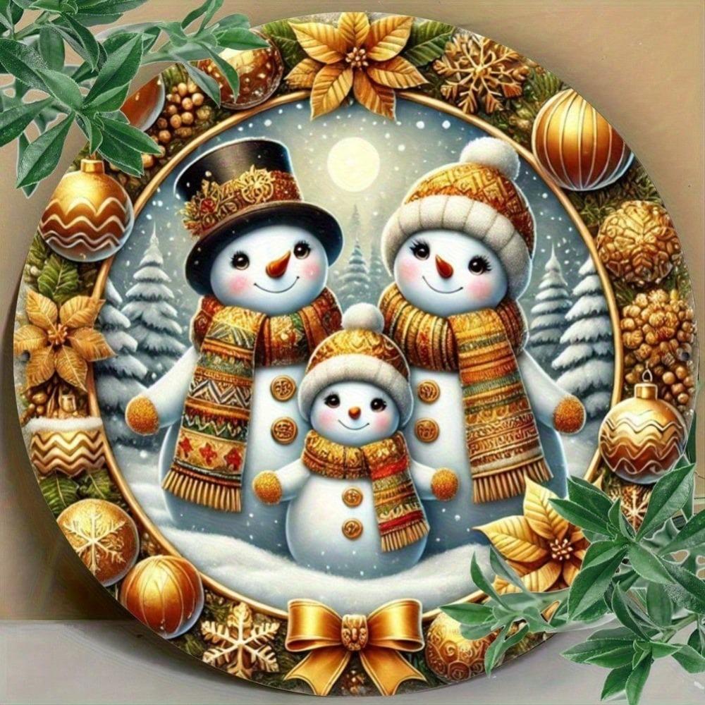 1pc 7.87x7.87 inch Aluminum Metal Sign, Snowman Family Print, Round Tin Wall Art 20.32 cm, Festive Holiday Decor for Bar Cafe Club