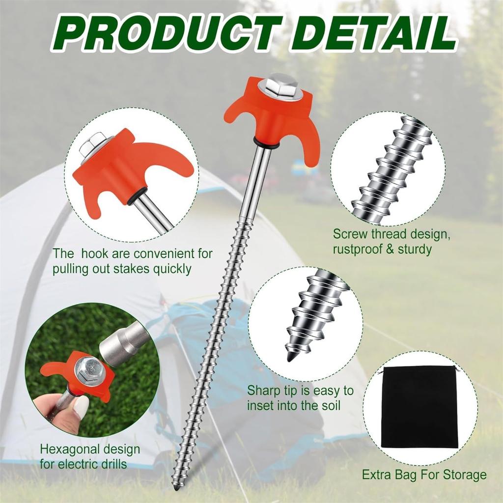 A1A2 8Pcs Ground Stakes Screw Thread Campings Peg Tent Stakes with Hexagon Socket