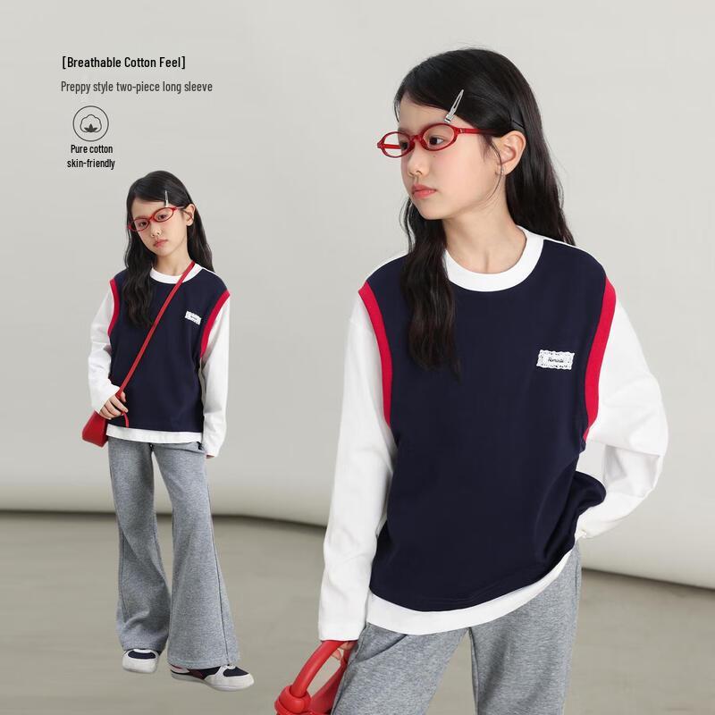 LUSON Chen Dazhu Girls  Academy Style Fake Two-Piece Long Sleeve Top 130