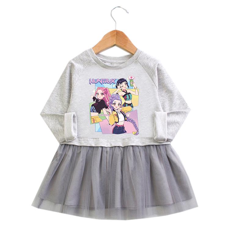 Kpop Monster Hunter Witch Korean Style Baby Girl Dress - Spring/Autumn, Long Sleeve Cartoon Mesh Princess Skirt