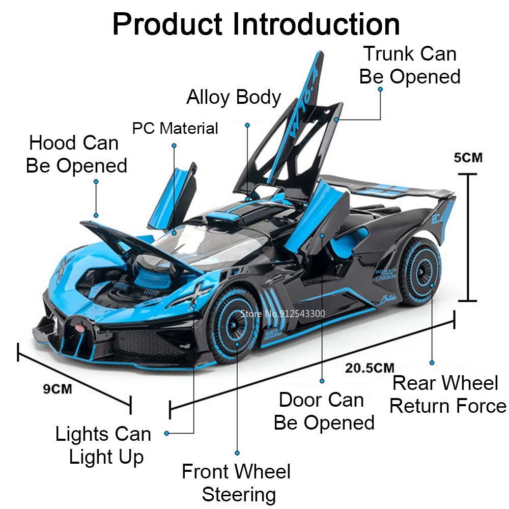 1:24 Tourbillon Bolide Sports Car Model Toy Music Light Pull Back Supercar Simulation Vehicles Toys Models Office Table Ornament