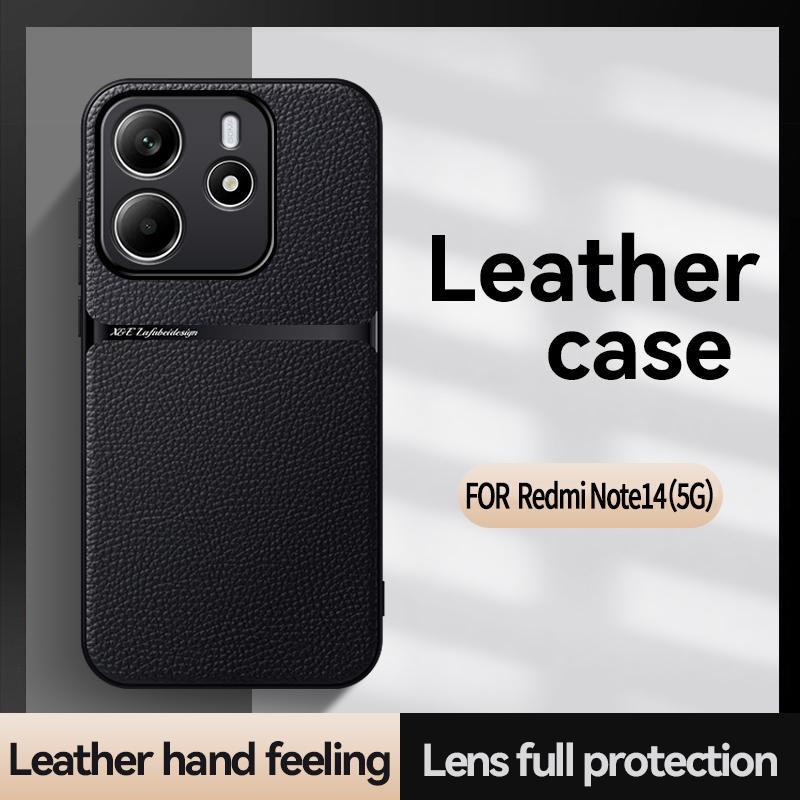 For Redmi Note 14 leather texture built-in magnetic TPU soft edge anti-drop anti-fingerprint phone case