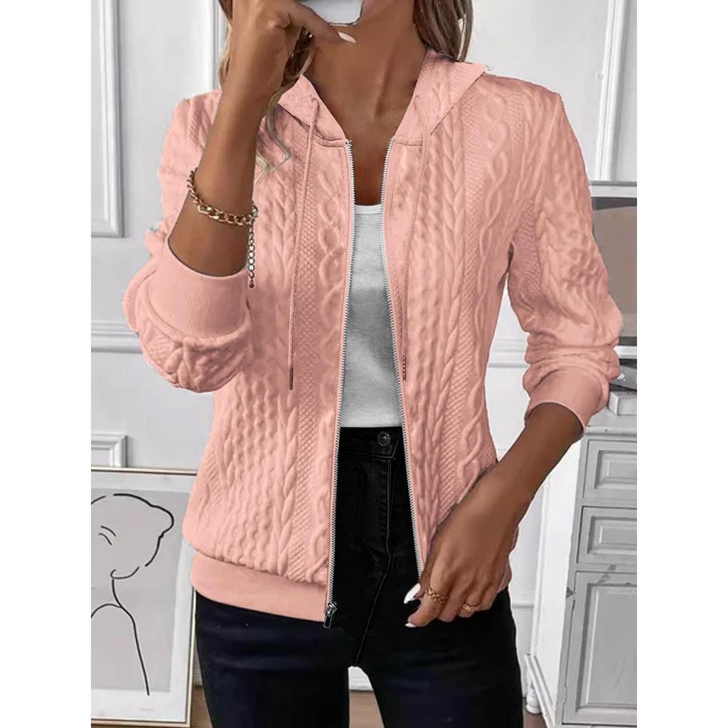 Ladies' Casual Jacket, V-neck, Long Sleeved Zipper, Front Opening, Solid Color Jacket, Zipper Jacket