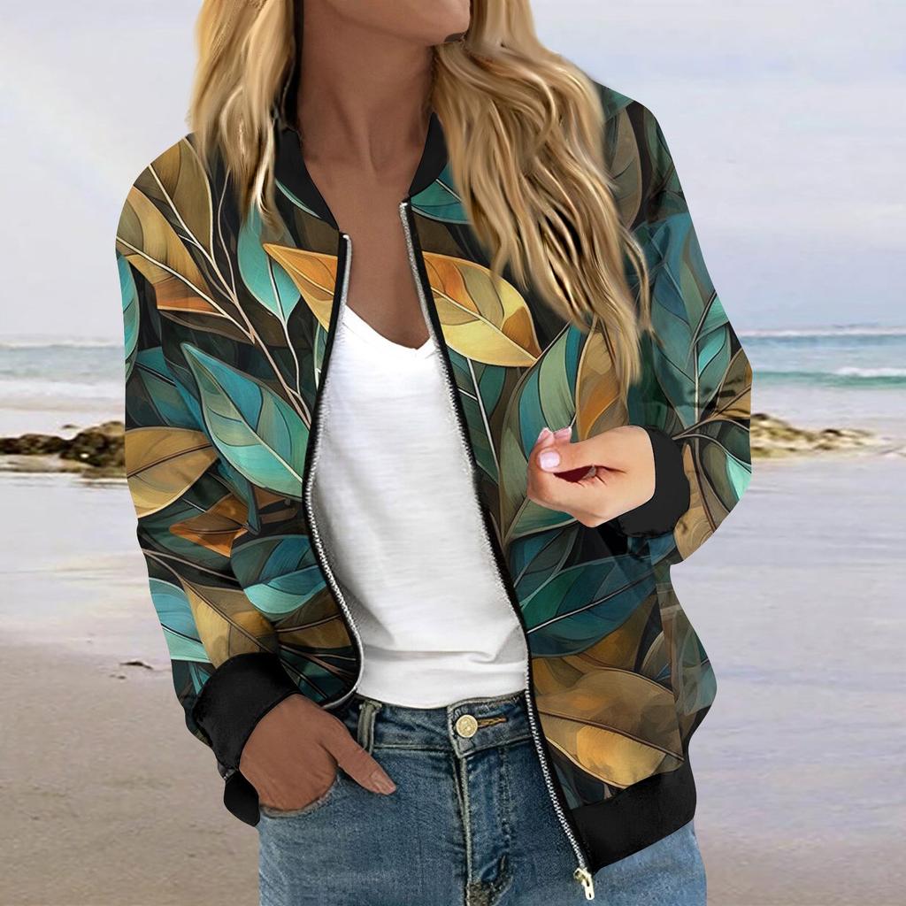 Jacken für Damen, langärmelig, leicht, mit Reißverschluss, kurzärmelig, bedruckt, lässige Steppjacken mit Taschen