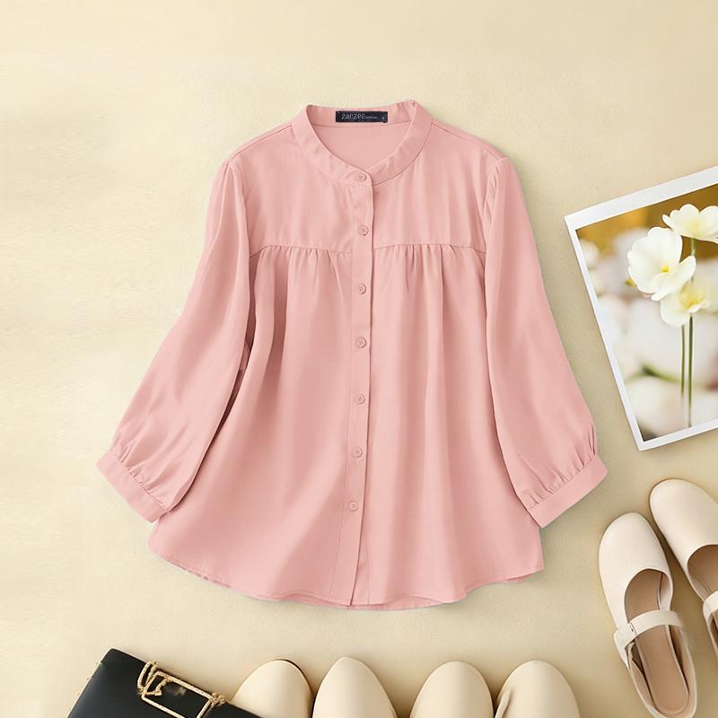 ZANZEA Women Casual Round Neck Solid Color Loose Long Sleeve Blouse