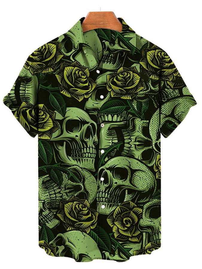 

Men s Short-sleeved Hawaiian Shirt 3D Digital Skull Print Four-sided Elastic Shirt 5XL