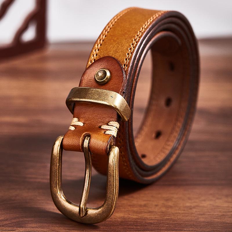 Men's Handmade Retro Leather Belt with Brass Buckle - Genuine Cowhide, Versatile and Trendy for Casual Wear