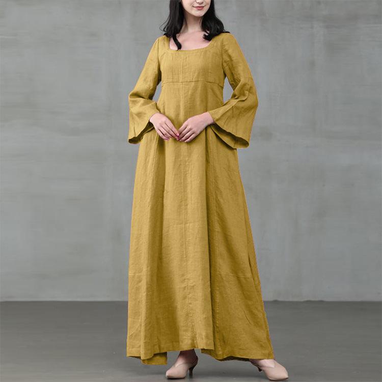 Women Autumn Retro Square Neck Maxi Dress, Long Flare Sleeve Loose Fit National Style Big Swing Hem Casual Long Dress