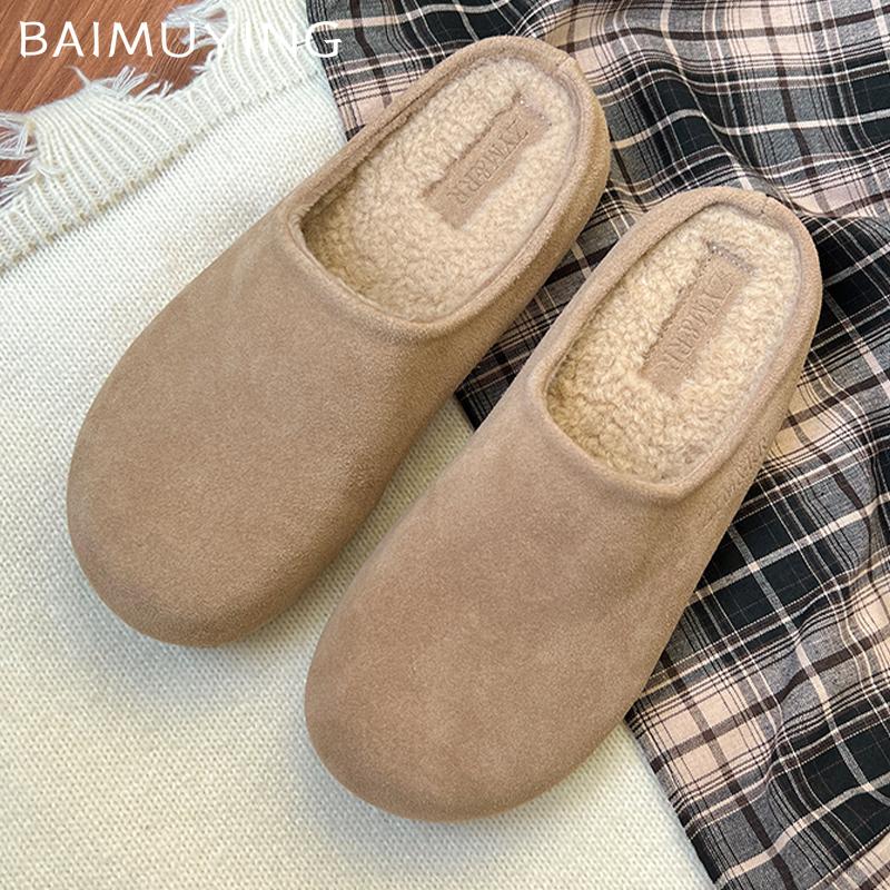 Fur Women Cotton Slippers Suede Flats Fashion Mules Shoes Casual Slingback Boots Woman 2025 Trend Winter Cozy Femme Snow Botas