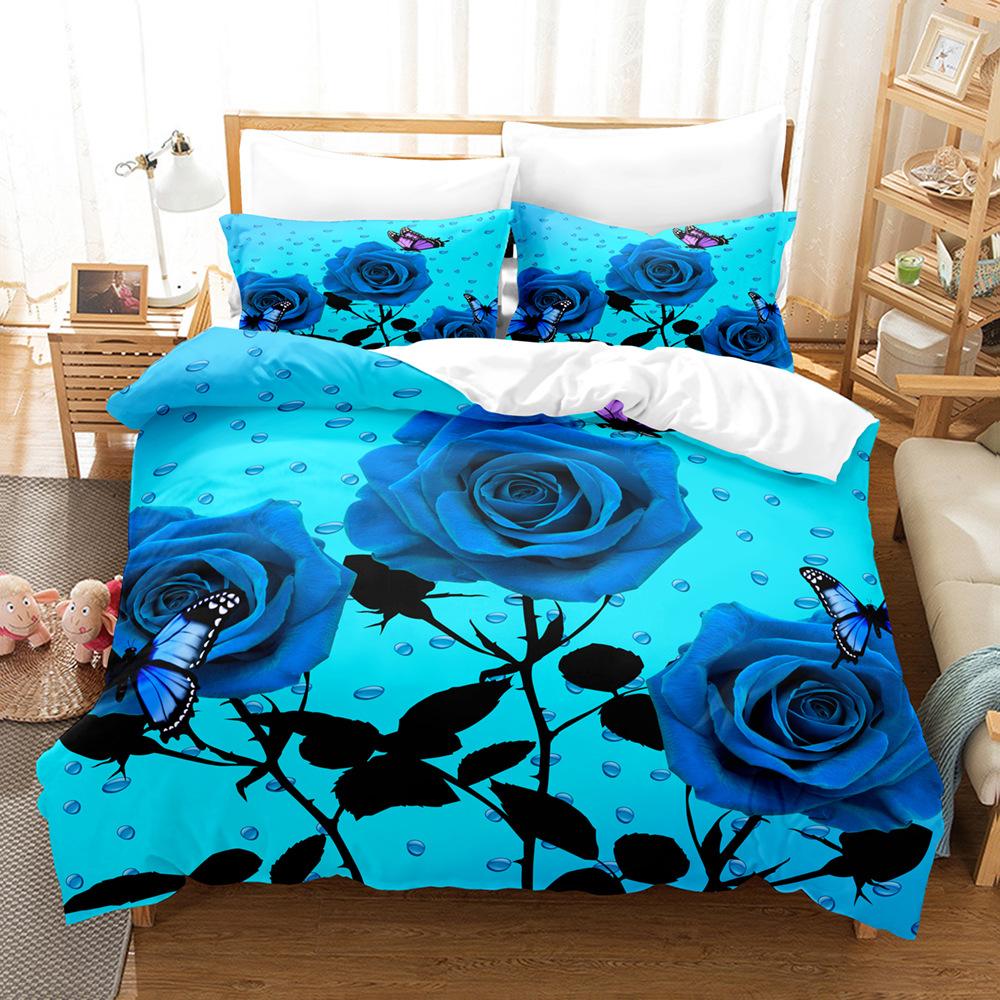 3D Digital Printing Three-Piece Quilt Cover Pillowcase Bed Sheet Quilt Cover Rose Bedding