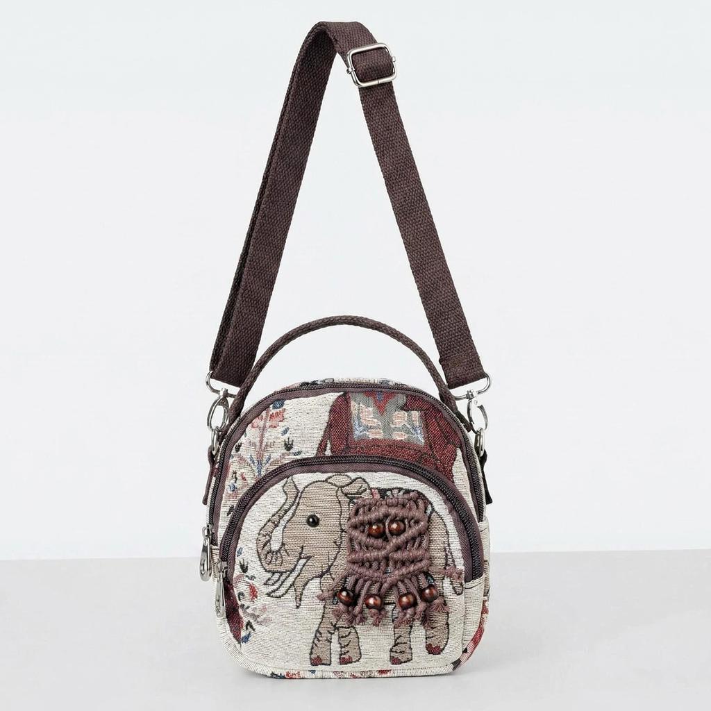 Borsa a tracolla in stile etnico con ricamo di elefante, a più scomparti e con tracolla per portare un telefono cellulare
