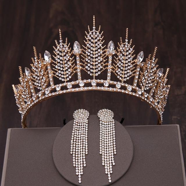 Baroque Silver Color Crystal Bridal Tiaras Crown With Earrings Rhinestone Pageant Diadem Luxury Wedding Hair Accessories Bijoux