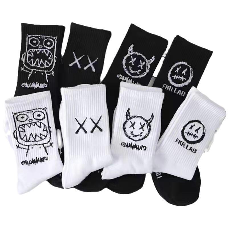 BMW Fashioninsk-style Grimace Trendy Socks Knee Socks Socks Hip Hop Barb Couple Men's and Women's Socks Waist Flower Fruit Brand Black and White