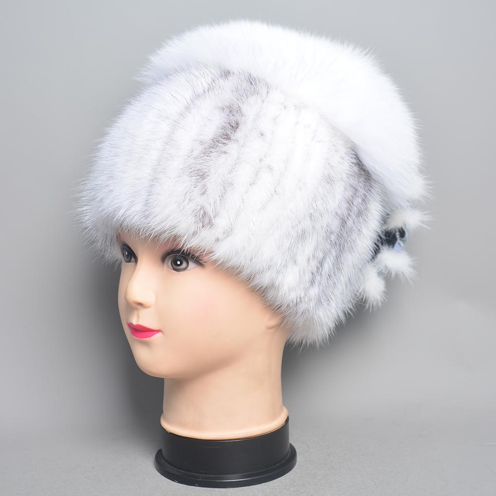 New Women Knitted Mink Fur Hats For Winter Hot Sale Luxury Lady Real Mink Fur Warm Caps Fashion Bowknot Fur Bonnets