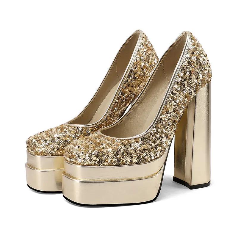 

Блискучі Жіночі Паєткові Туфлі-Човники на Платформі, Розкішні Блискучі Масивні Каблуки-Блоки для Випускного Вечора, Вечірки, Весілля 37 золотий