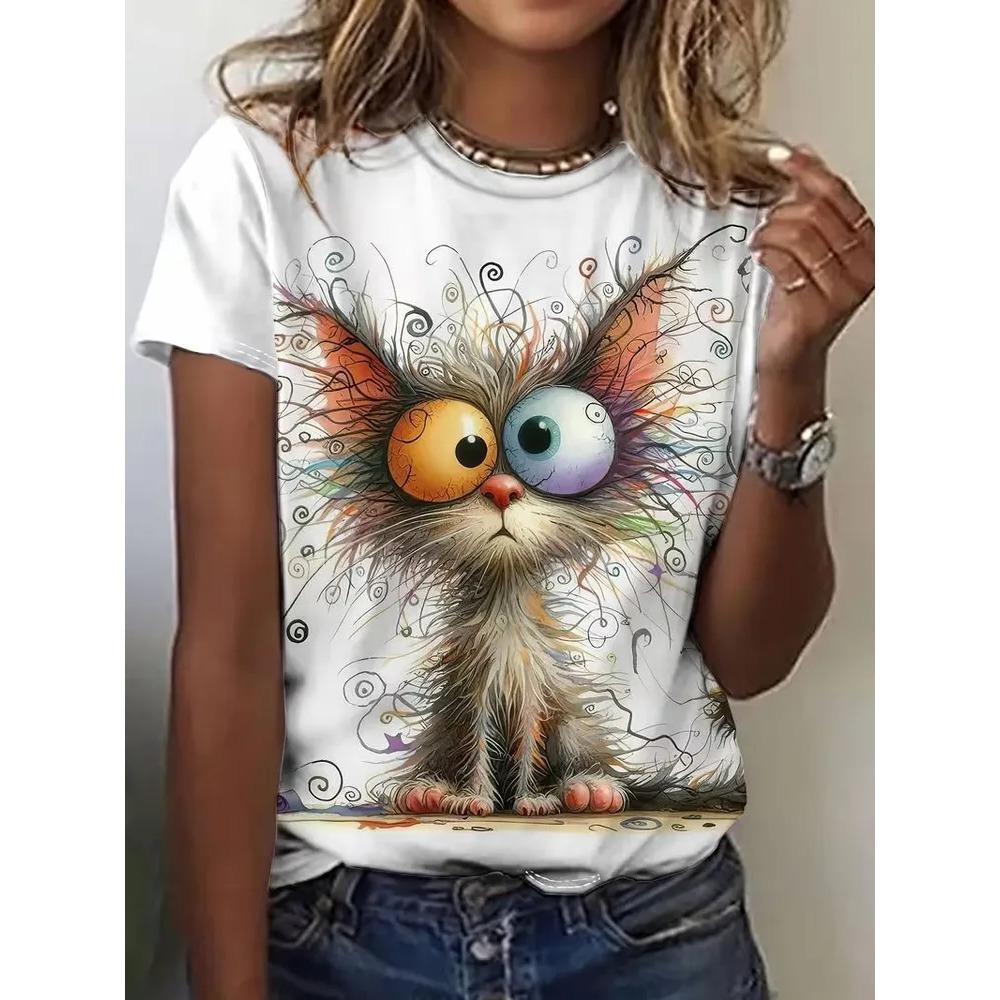 Милая забавная кошка 3D-печать, короткий рукав, модная, удобная, мягкая, дышащая, большая, свободная, летняя женская футболка S