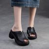 Johnature Pantoufles à bout ouvert et semelle épaisse en cuir véritable, sandales rétro, chaussures confortables et décontractées pour femmes