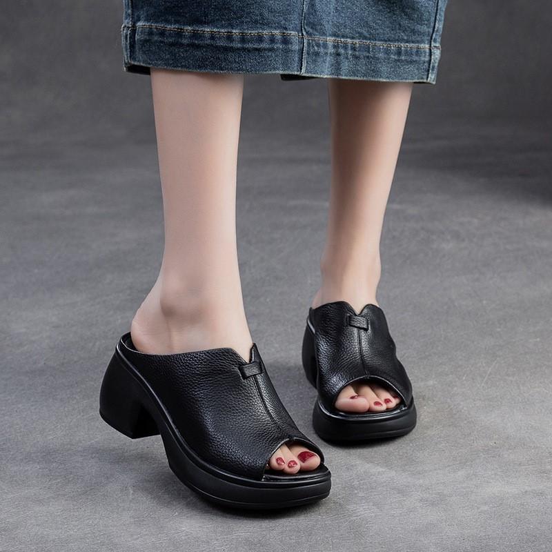Johnature Pantoufles à bout ouvert et semelle épaisse en cuir véritable, sandales rétro, chaussures confortables et décontractées pour femmes