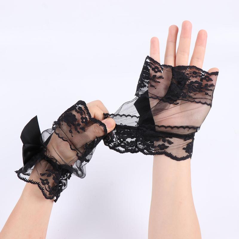 Lolita Black Hand Sleeves Short Lace Mesh Decoration Fake Cuffs Elastic Bracelet Wedding Party Dress Accessories