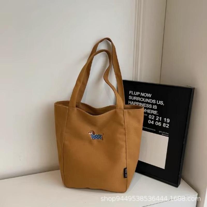 Embroidered Dachshund Canvas Bag Female Large Capacity Student Class Tote Bag Casual Versatile Shoulder Commuter Tote Bag