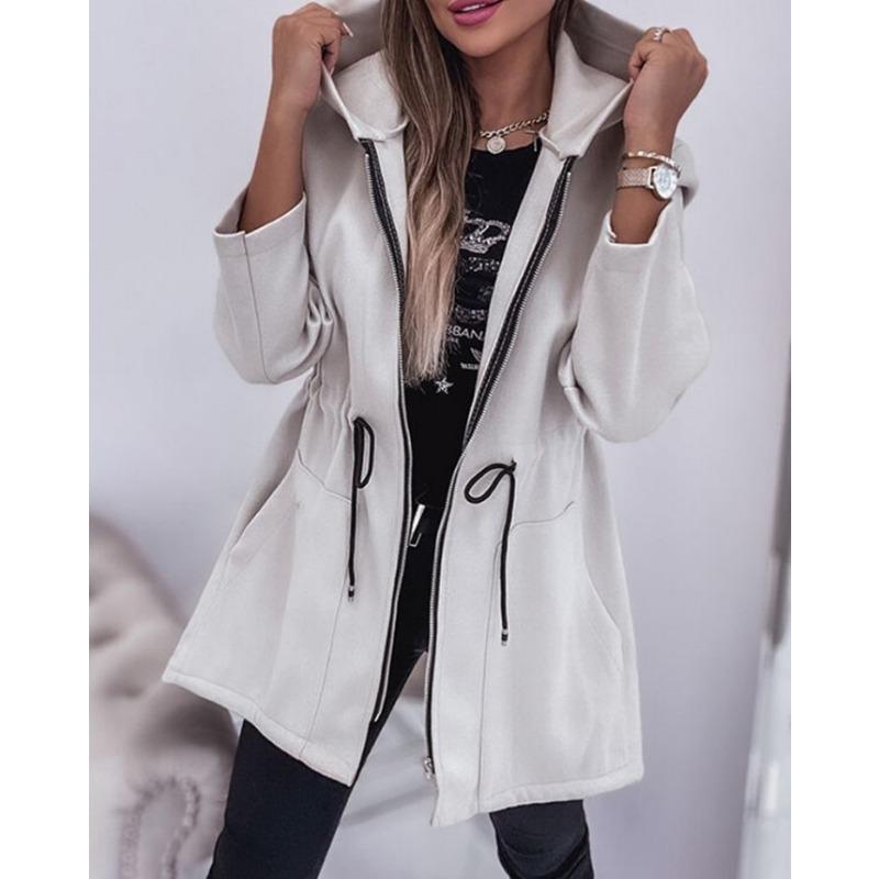 Dames S Capuchon Lange Mouw Tailleband Rits Effen Middellang Casual Jas