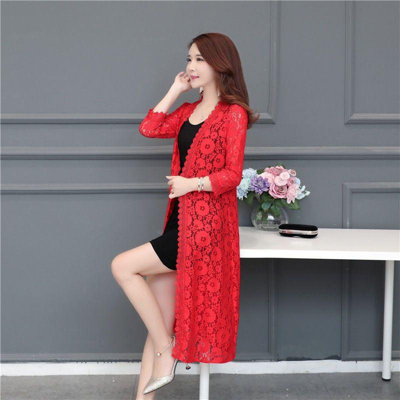 Women Lace Cardigan Mid-length Summer Mesh Shawl Loose Over-the-knee Sun Protection Clothing Women Jacket Shirt Outerwear