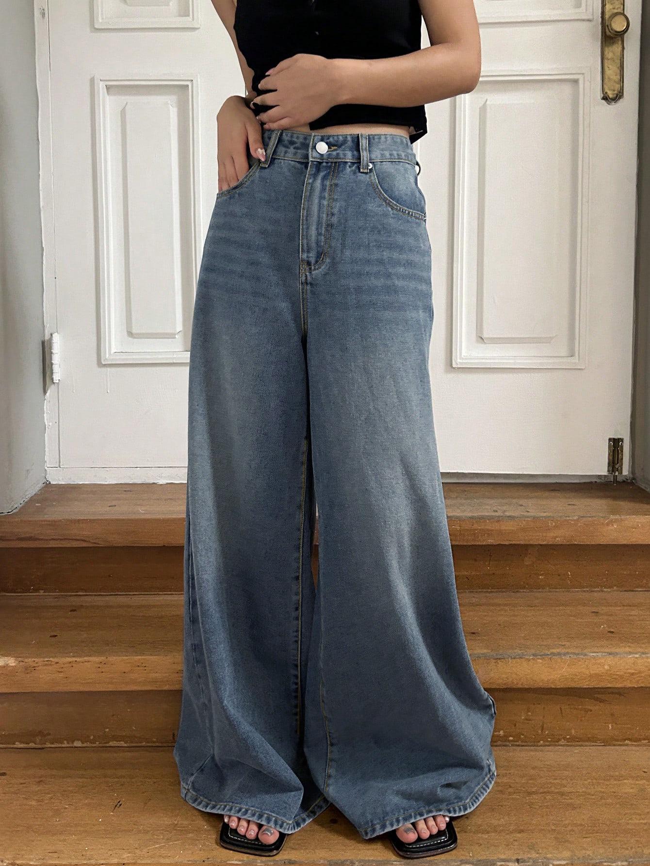 

Women s Washed Blue Wide-Leg Jeans: New Loose Straight-Leg Slimming Casual Pants S синий