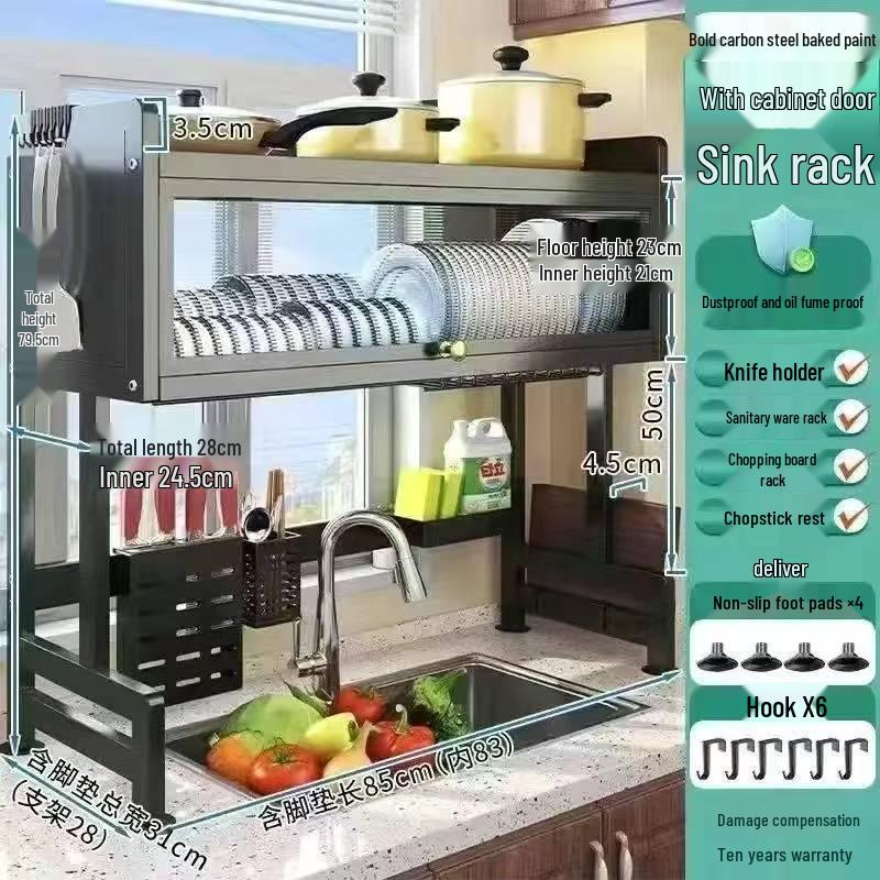 Multi-functional Kitchen Sink Cabinet Rack: Dustproof Countertop Storage for Bowls, Plates, and Dishes with Drainage.